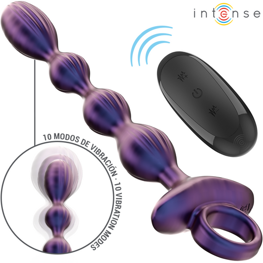 Purple textured anal plug with four bulbous sections and remote control showing vibration signals.