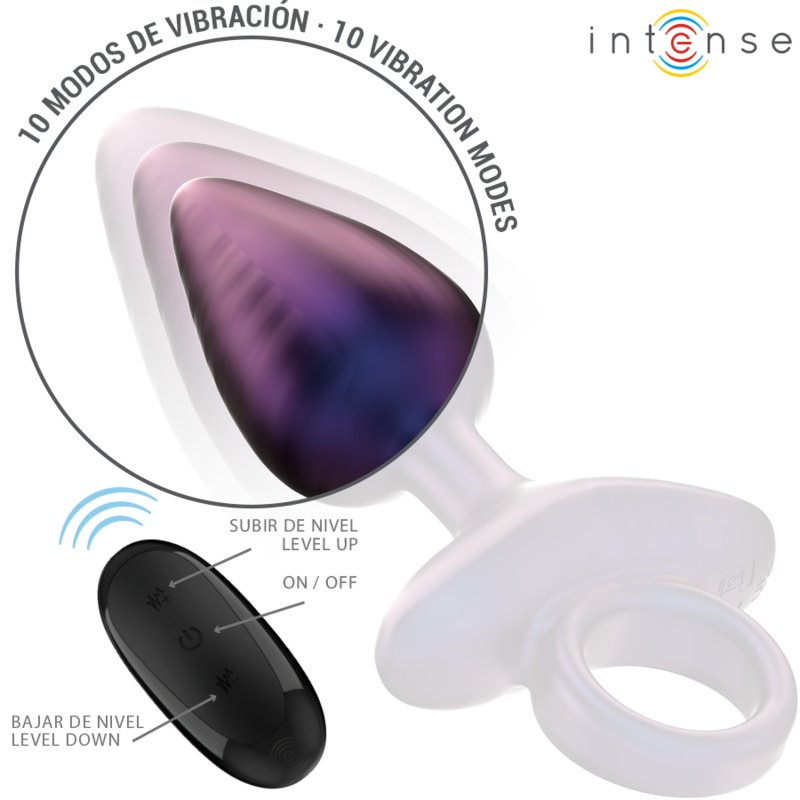 Purple metallic vibrating anal plug with ergonomic base and black remote control with three buttons and vibration mode text.