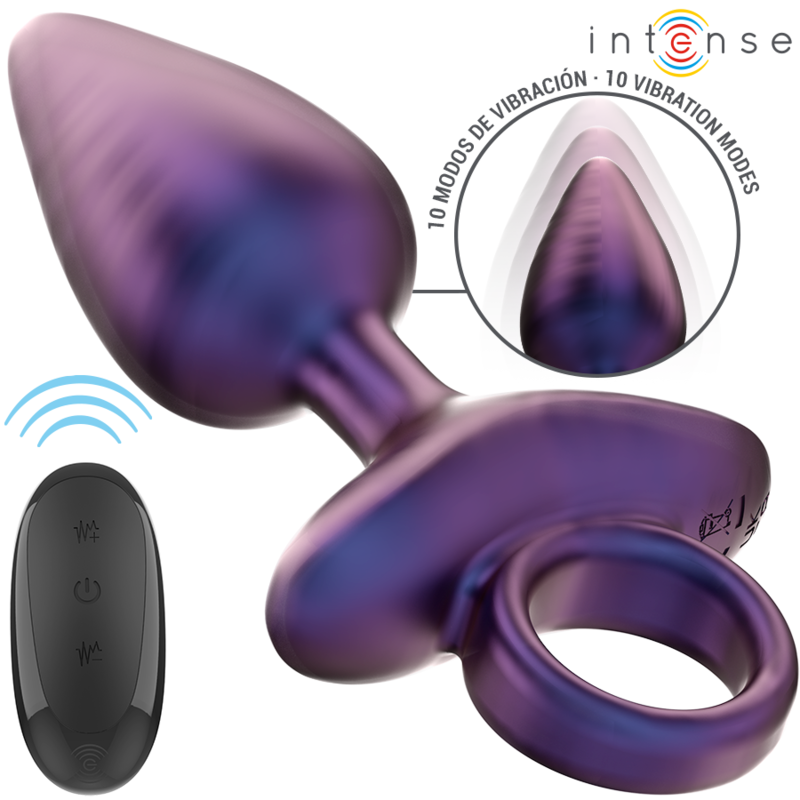 Purple metallic vibrating anal plug with ring handle and black remote showing wireless symbol and control buttons.