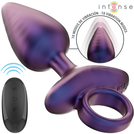 Purple metallic vibrating anal plug with ring handle and black remote showing wireless symbol and control buttons.