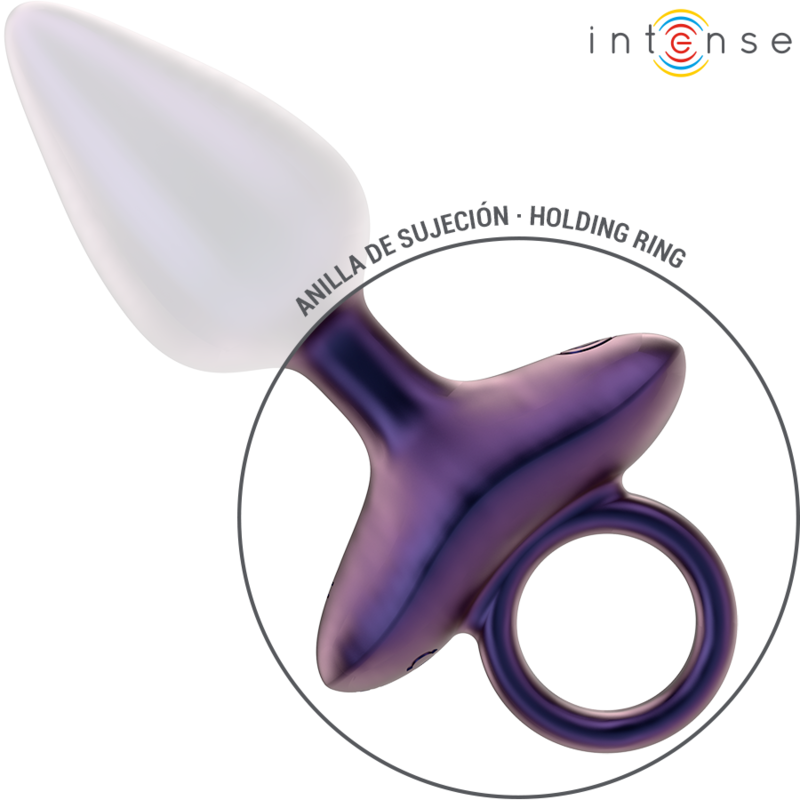 Two-tone anal plug with white tapered tip and glossy dark purple base featuring a holding ring.