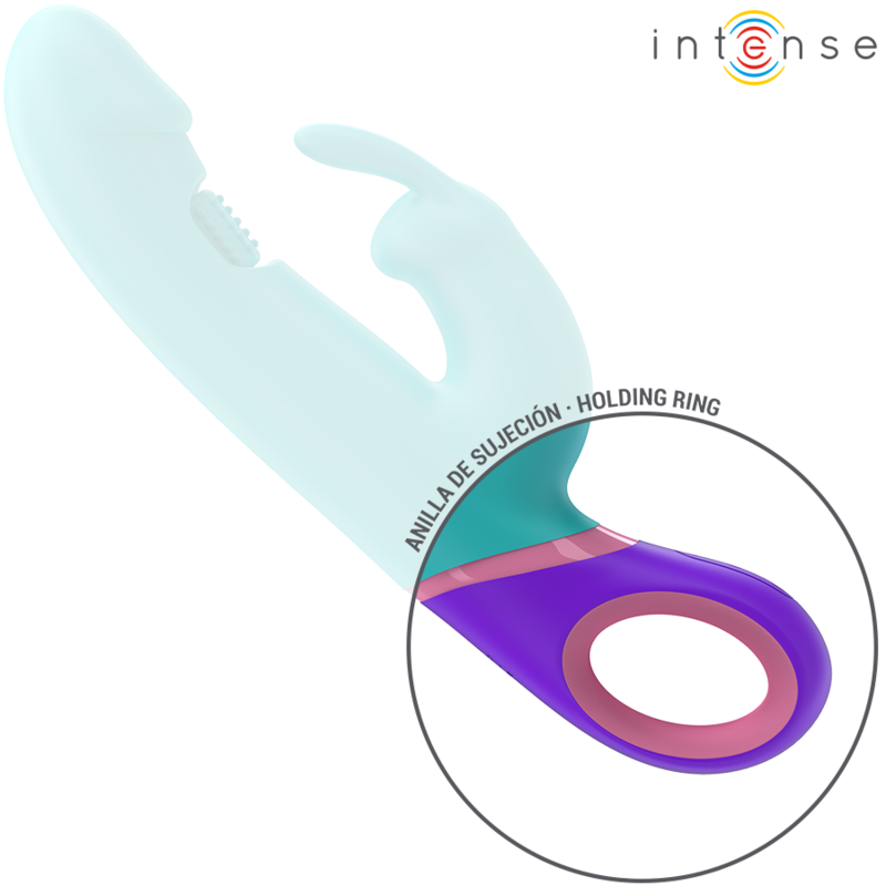 Blue silicone vibrator with curved tip and rotating G-spot stimulator, purple holding ring handle.