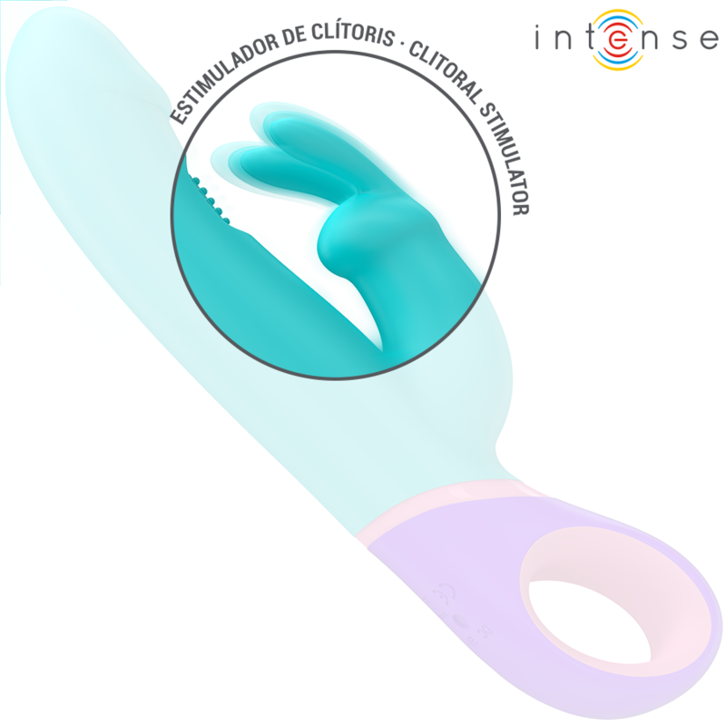 Blue silicone rabbit vibrator with rotating G-spot stimulator and clitoral stimulator detailing.