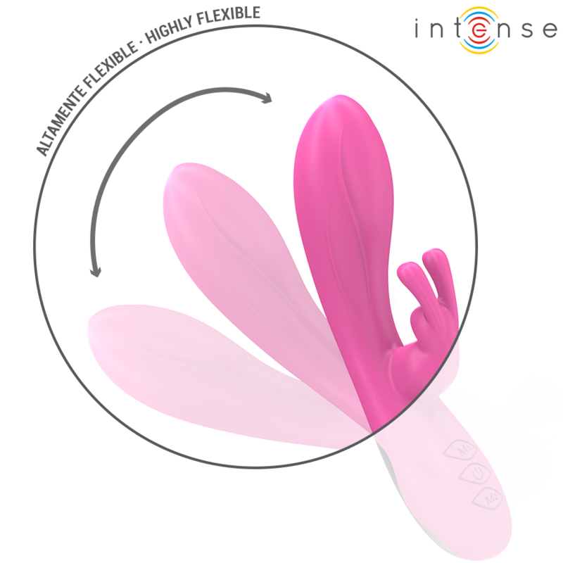Pink rabbit vibrator with flexible shaft and dual motor control buttons.