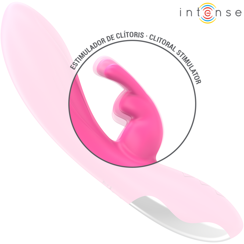 Pink rabbit vibrator with curved shaft and dual clitoral stimulator, smooth ergonomic handle.