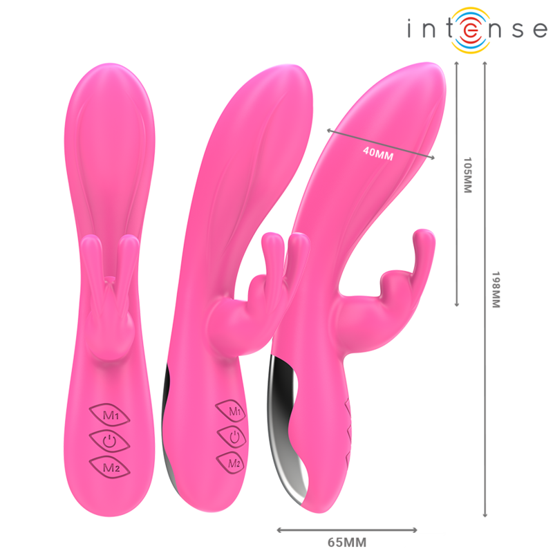 Pink rabbit vibrator with curved shaft, dual external stimulators, 10 vibration modes, and control buttons on the base.