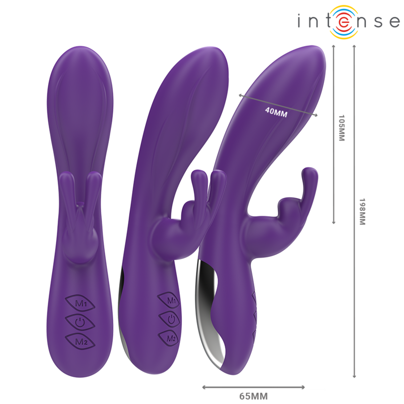 Purple Randall Rabbit vibrator with curved shaft, flexible clitoral stimulator, and three control buttons.
