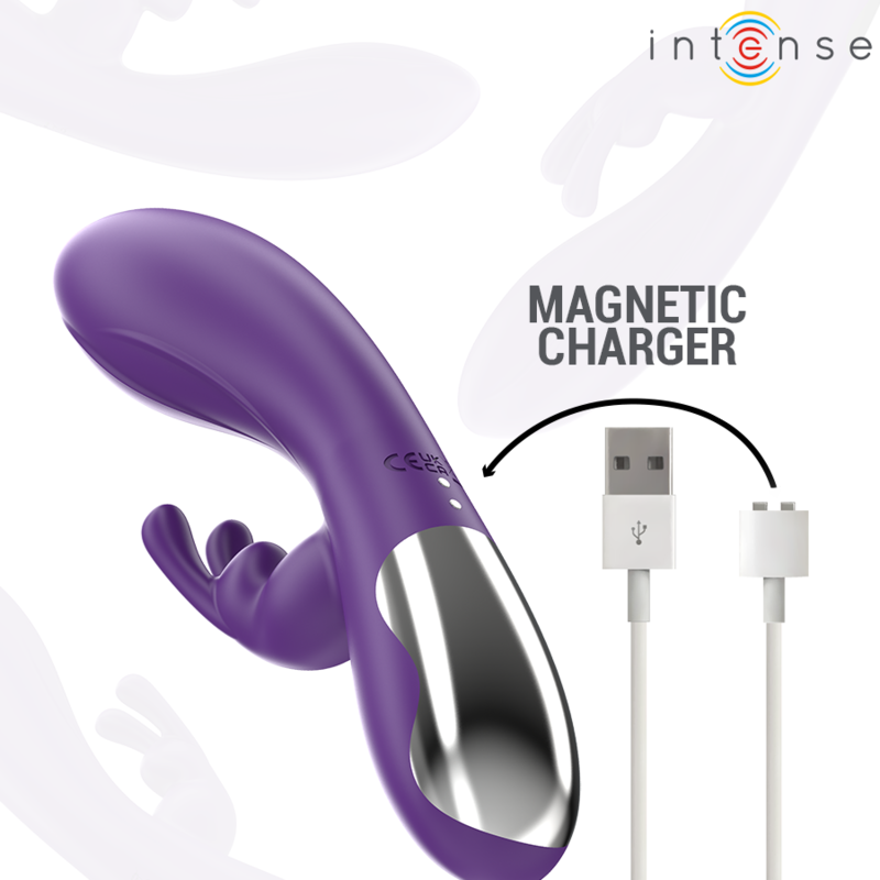 Purple rabbit vibrator with curved shaft, dual claws, and silver magnetic charger port.