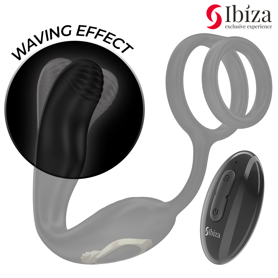 IBIZA - WIGGLE FERNBEDIENTER ROTIERENDER ANALPLUG MIT PERINEALVIBRATION UND PENISVERGRÖSSERUNGSRINGEN