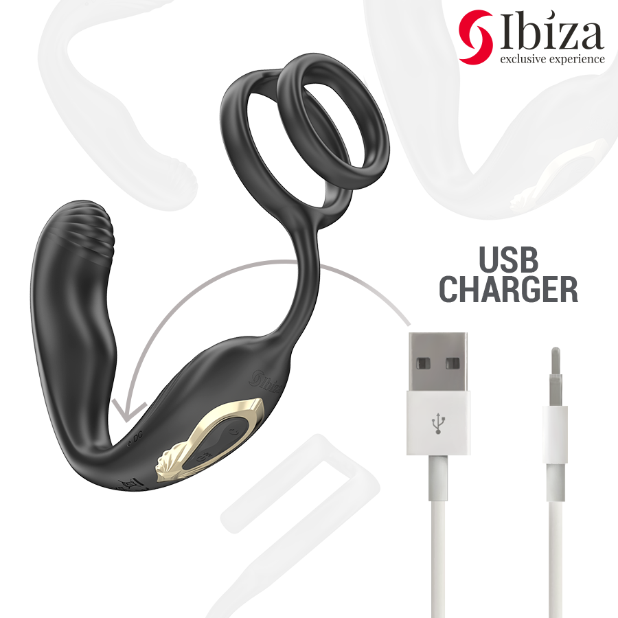 IBIZA - WIGGLE FERNBEDIENTER ROTIERENDER ANALPLUG MIT PERINEALVIBRATION UND PENISVERGRÖSSERUNGSRINGEN