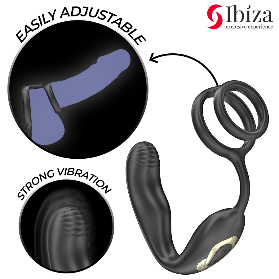 IBIZA - WIGGLE FERNBEDIENTER ROTIERENDER ANALPLUG MIT PERINEALVIBRATION UND PENISVERGRÖSSERUNGSRINGEN