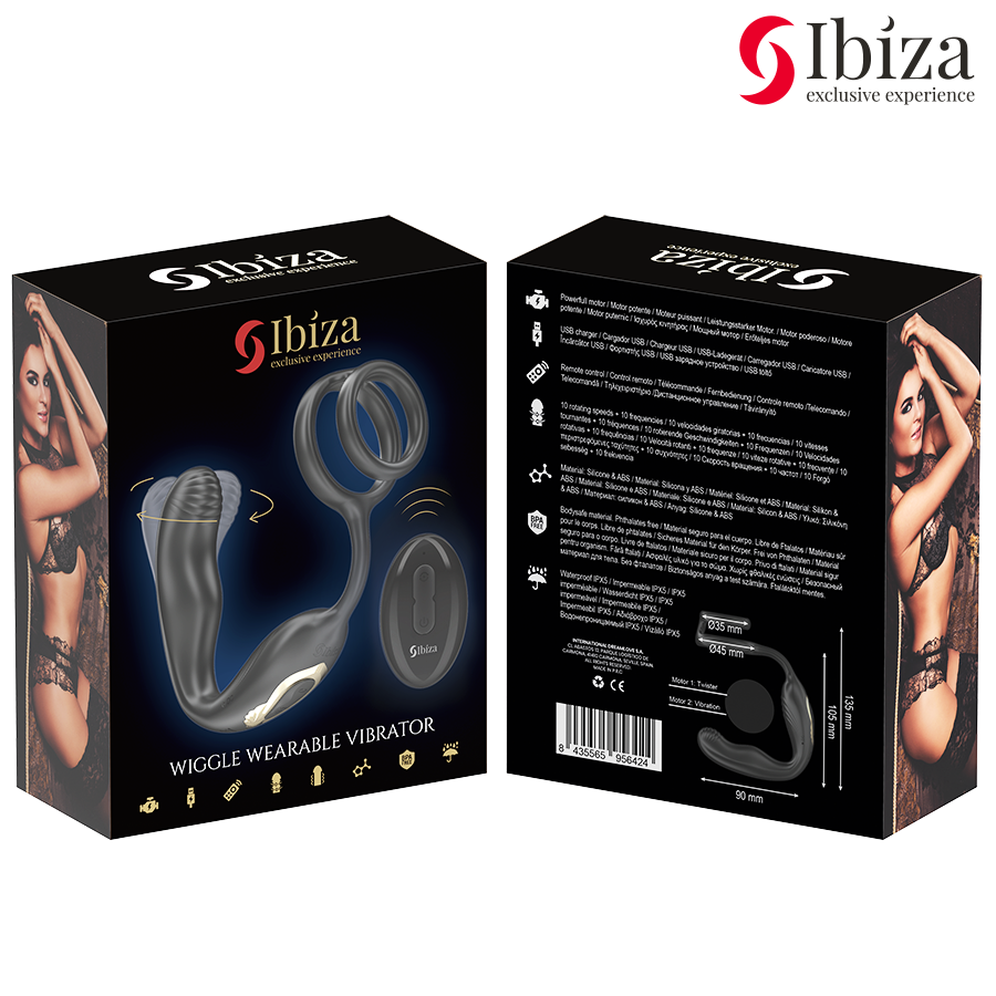 IBIZA - WIGGLE FERNBEDIENTER ROTIERENDER ANALPLUG MIT PERINEALVIBRATION UND PENISVERGRÖSSERUNGSRINGEN