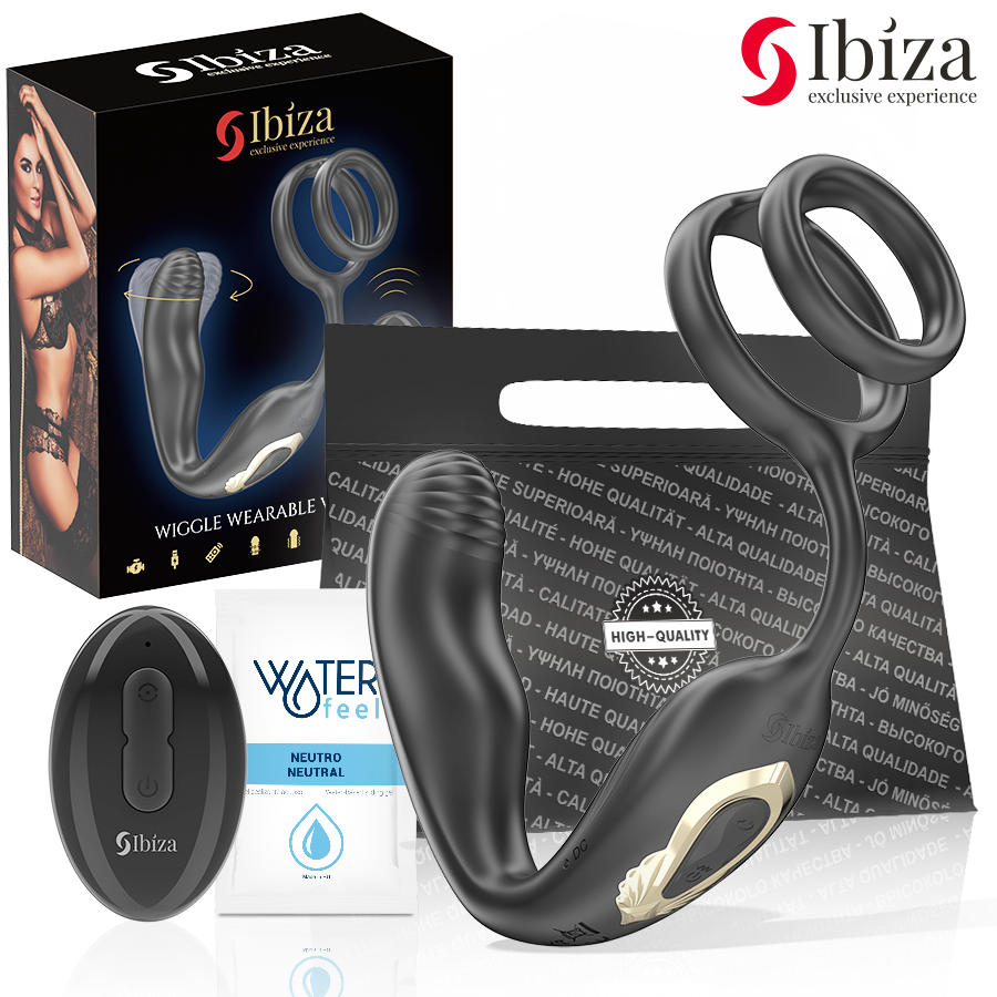 IBIZA - WIGGLE FERNBEDIENTER ROTIERENDER ANALPLUG MIT PERINEALVIBRATION UND PENISVERGRÖSSERUNGSRINGEN