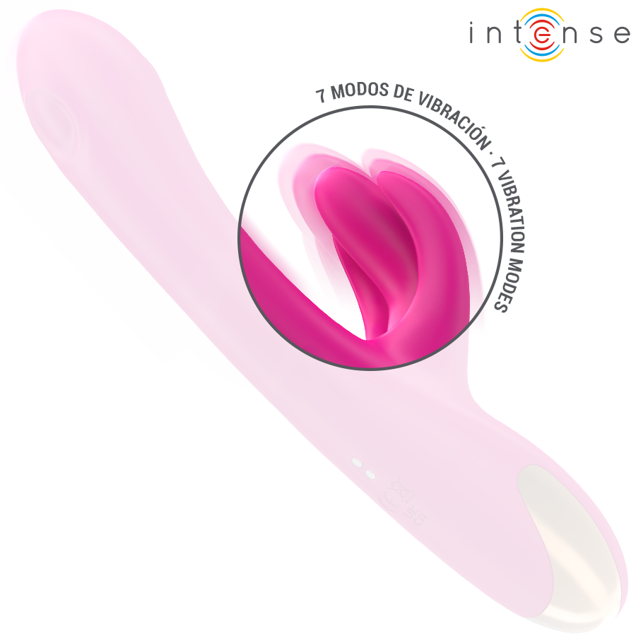 Pink multifunction rabbit vibrator with smooth shaft and dual flexible clitoral stimulator, 23 cm length.