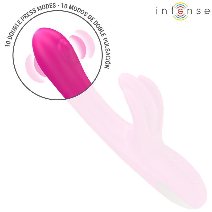 Pink multifunction rabbit vibrator with curved shaft and dual stimulation ears, 23 cm length.