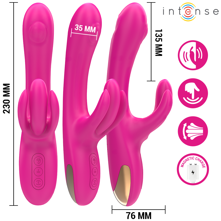 Pink multifunction rabbit vibrator with curved shaft, dual motors, and ergonomic handle controls.