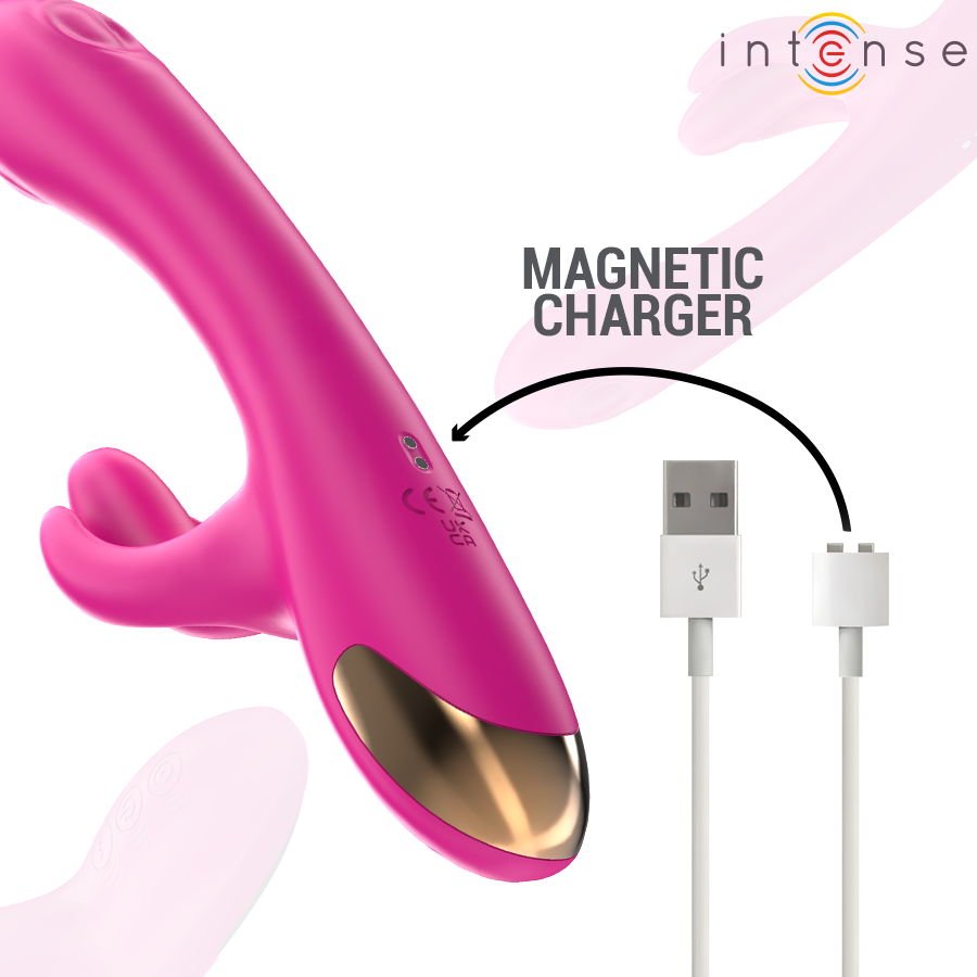 Pink multifunction rabbit vibrator with curved shaft, clitoral stimulator, gold accent, and magnetic USB charger cable.