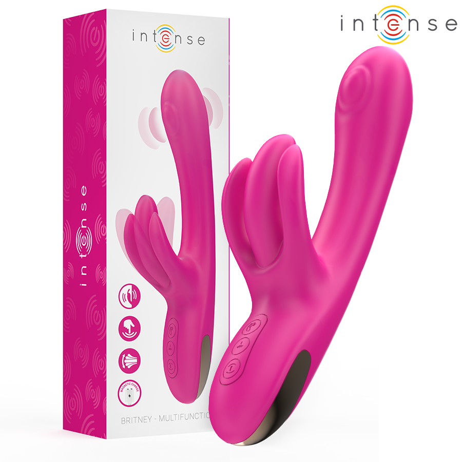 Pink multifunction rabbit vibrator with dual stimulation arms and control buttons on base.