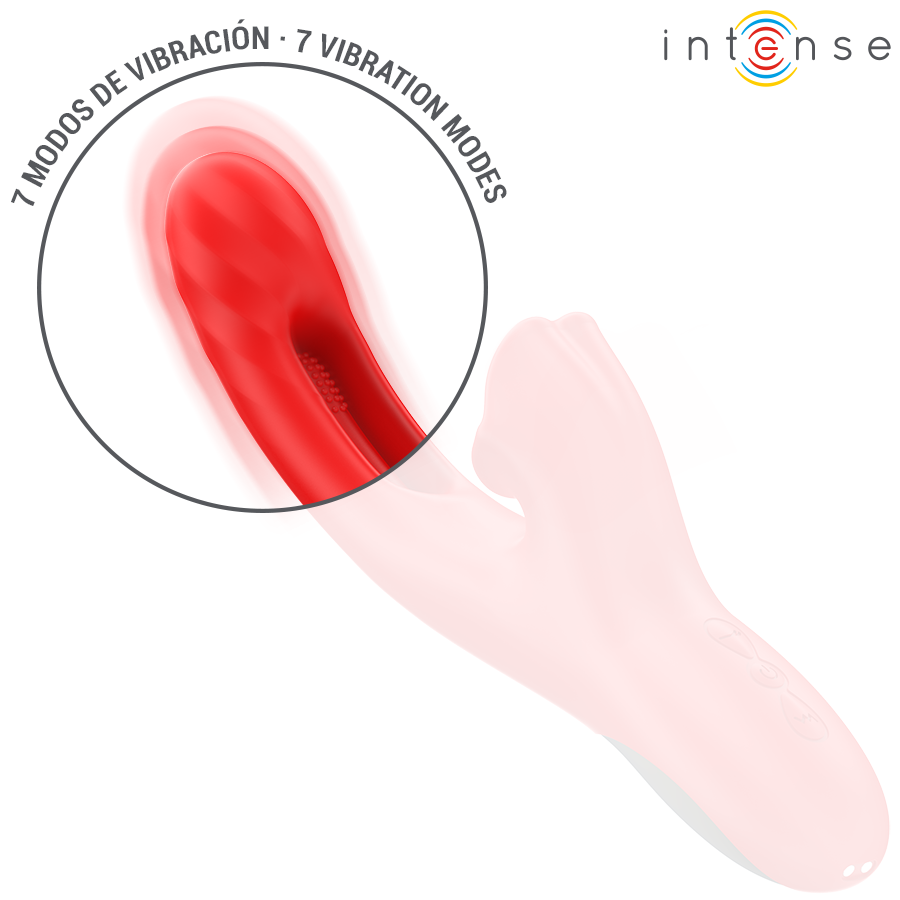 Red multifunction vibrator with curved tip and textured clitoral stimulator, featuring 7 vibration modes.