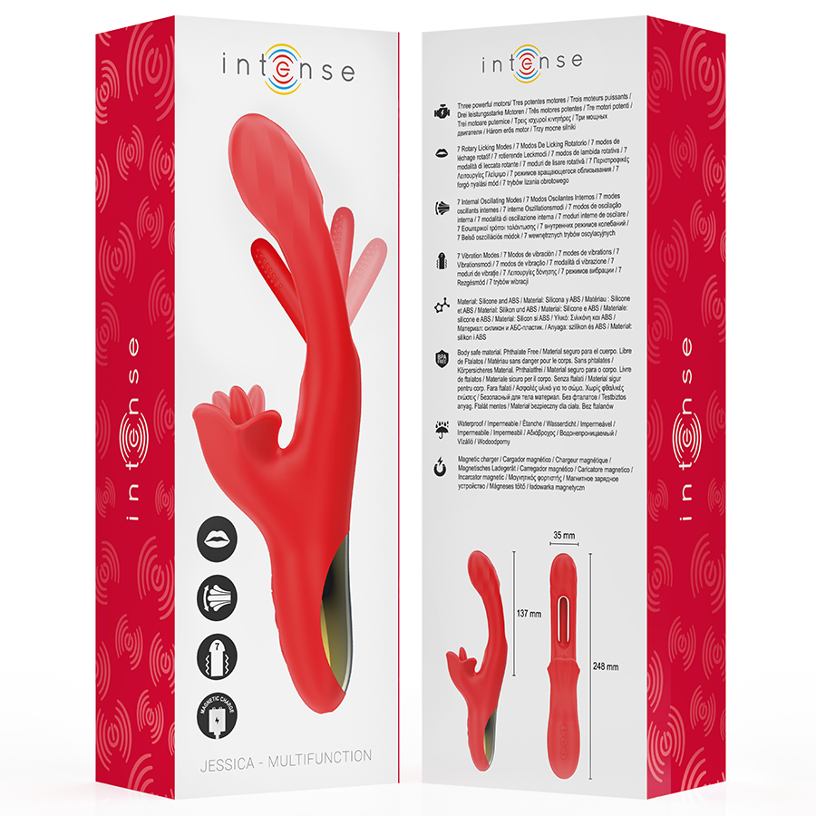Red multifunction vibrator with curved rabbit-shaped clitoral stimulator and gold-accented base in white and red packaging.