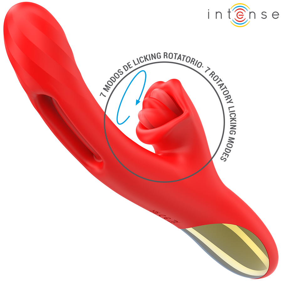 Red multifunction vibrator with textured shaft, rotating clitoral stimulator, and gold-accented base.