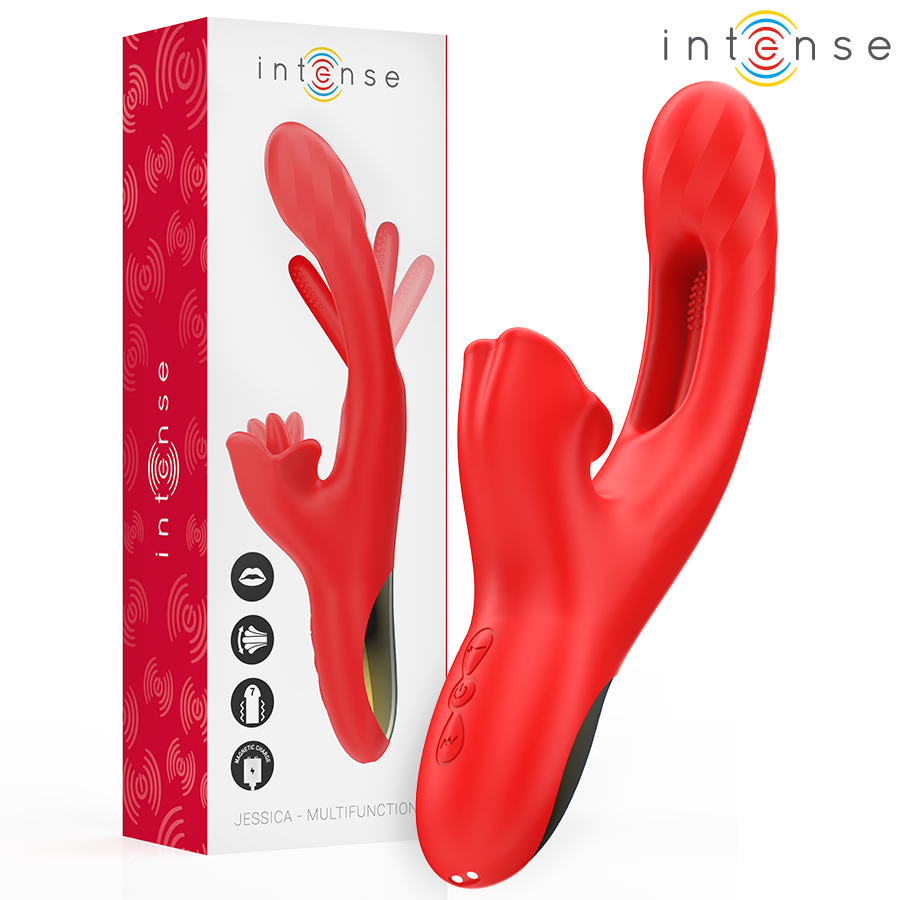 Red multifunction vibrator with curved shaft, textured clitoral stimulator, and black control buttons at base.