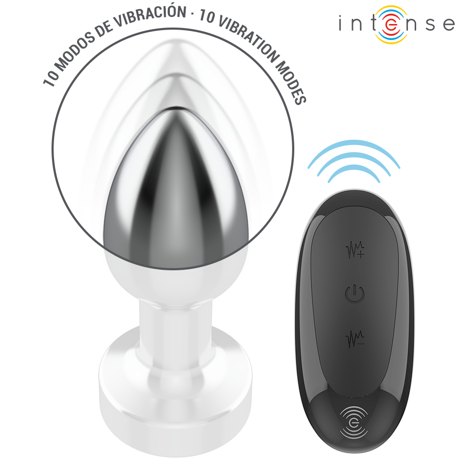 Silver metal anal plug with flared base and black wireless remote control showing buttons.