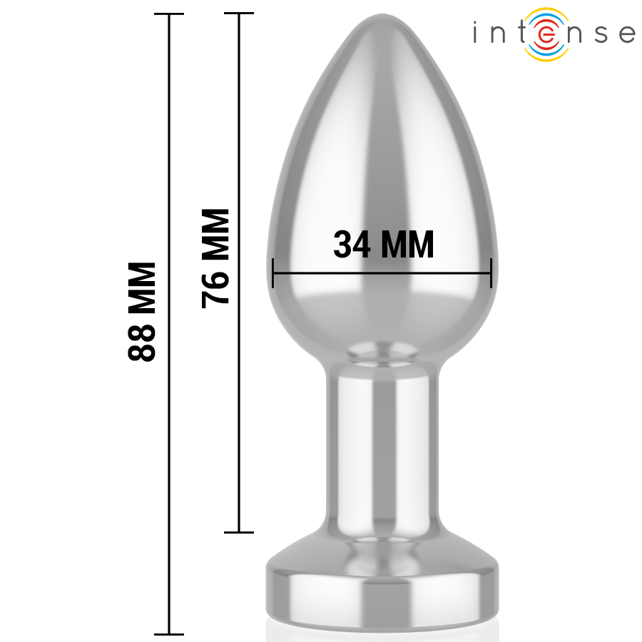 Silver tapered metal anal plug with smooth surface and flared base, 88 mm length, 34 mm width.