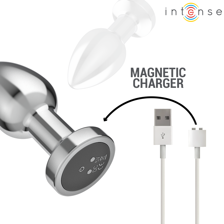 Metal anal plug with smooth tapered design and magnetic USB charger cable.
