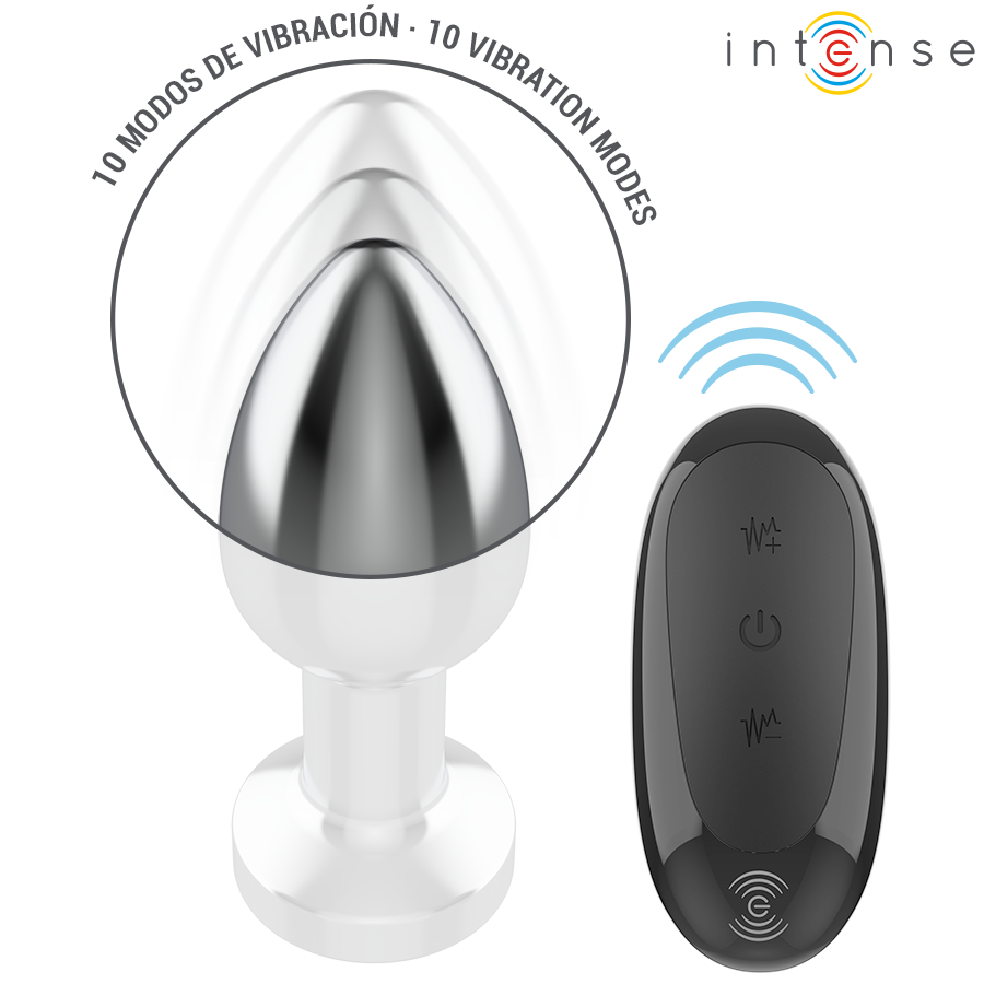 Silver metal anal plug with tapered tip and white base, black remote control with vibration mode buttons.