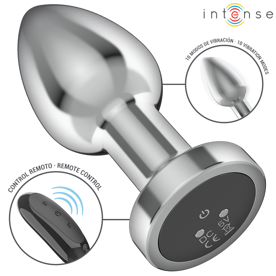 Metal butt plug with smooth bullet-shaped head and remote control showing vibration settings.