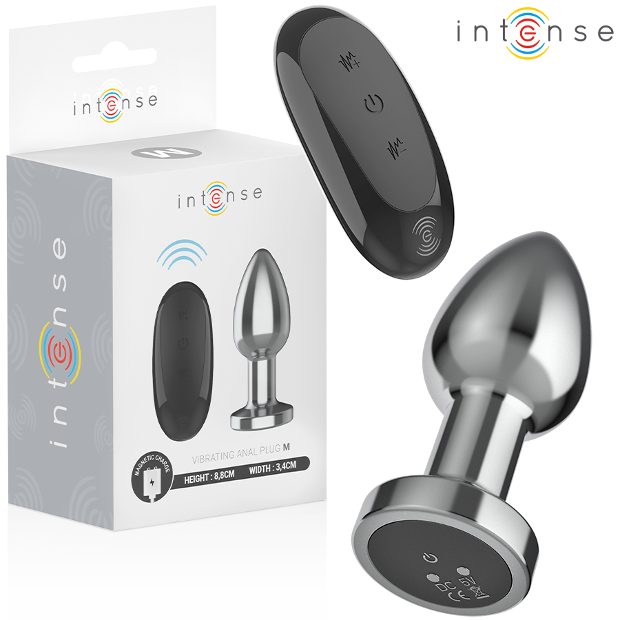 Metallic silver anal plug with black base and wireless black remote control next to white product box.