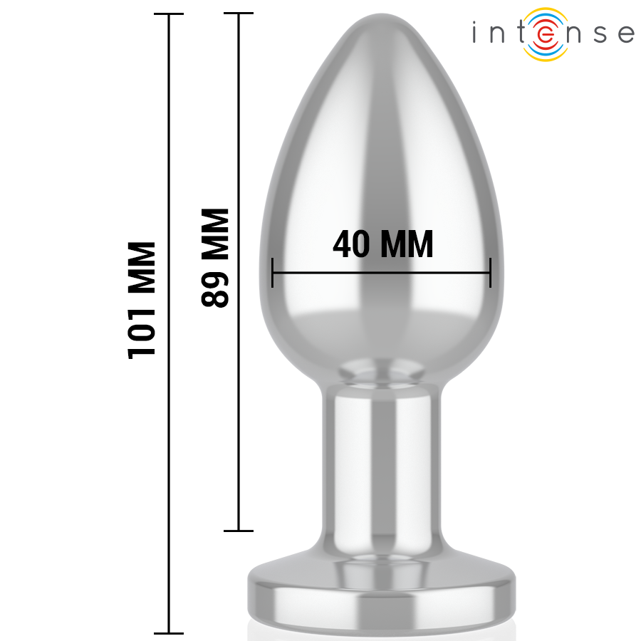 Metal anal plug with tapered tip and flared base, 101mm length, 40mm width, smooth polished surface.