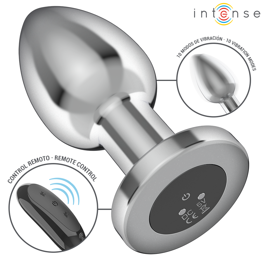 Metal anal plug with tapered tip, flat base with control panel, and black remote control.