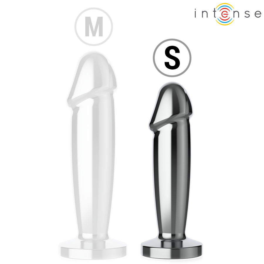 Two metal anal plugs in silver and black, sleek with rounded tips and flared bases, labeled S and M sizes.
