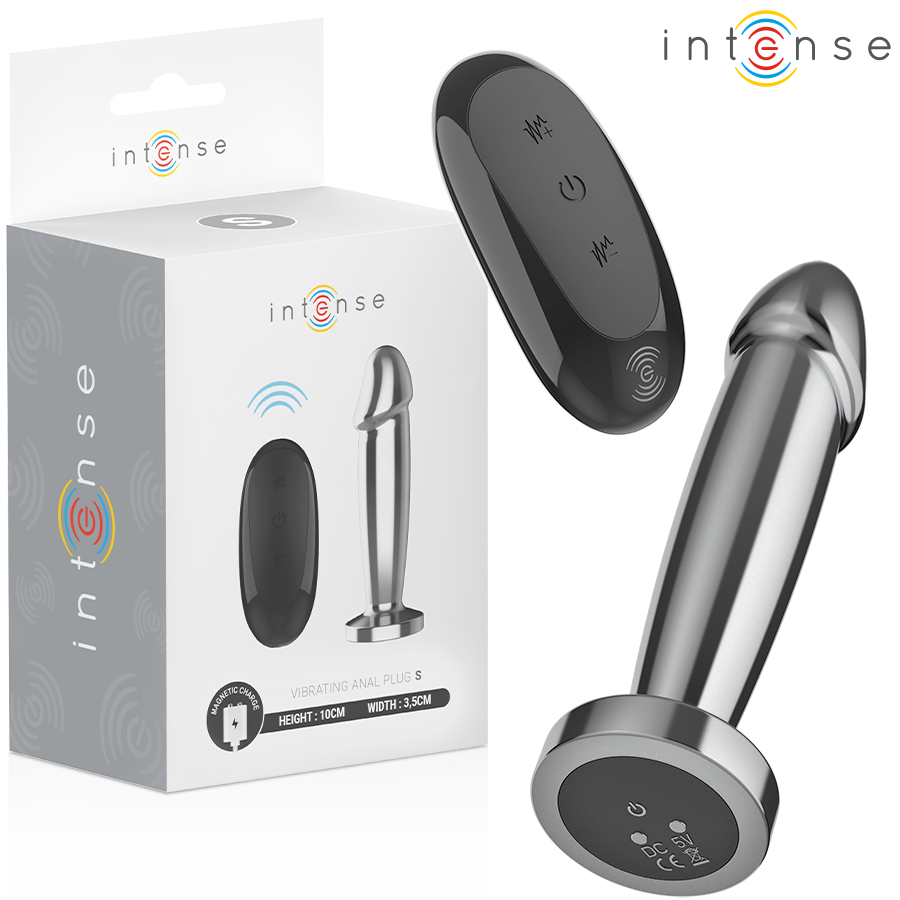 Sleek metal anal plug with a rounded tip and flared base, paired with a black remote control featuring three buttons.
