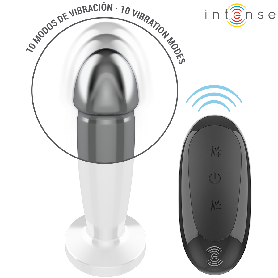 Silver metal anal plug with flared base and black wireless remote control showing vibration mode buttons.
