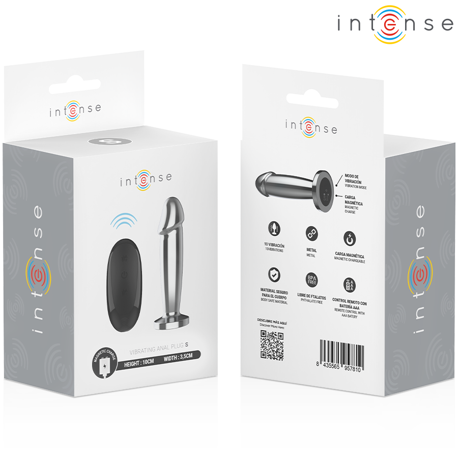 Metal anal plug with remote control, sleek silver finish, compact design, wireless vibration settings shown on white box.