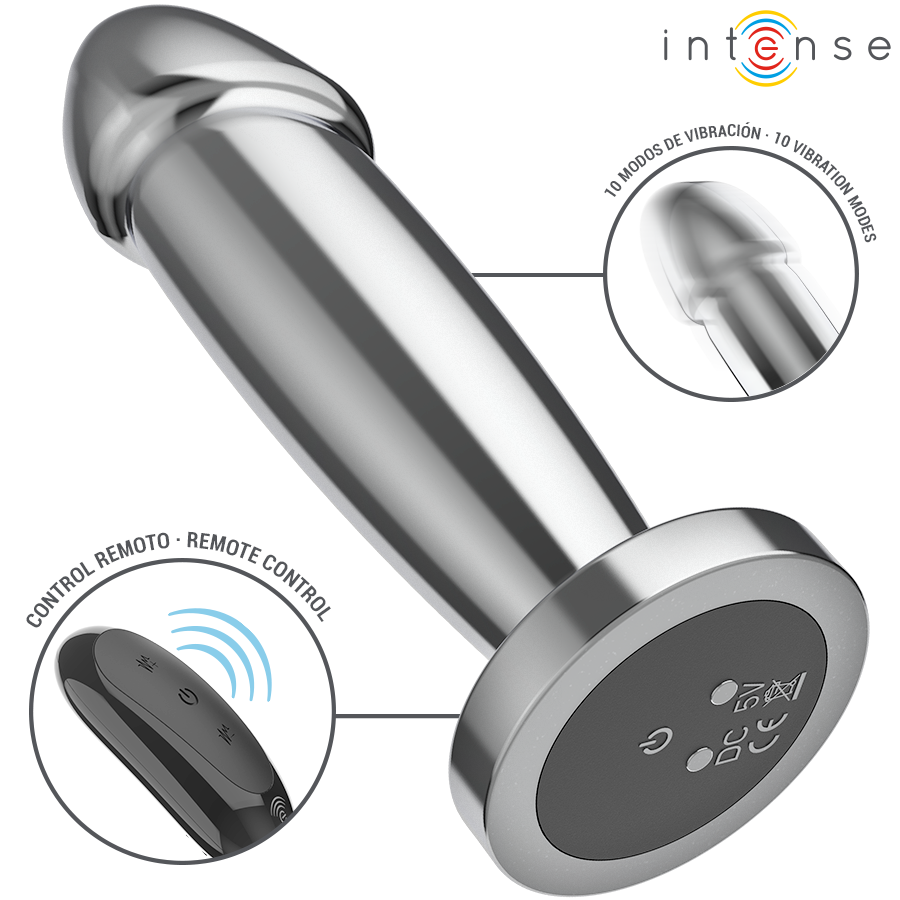 Silver metal anal plug with tapered tip and flat base, featuring remote control with buttons for 10 vibration modes.