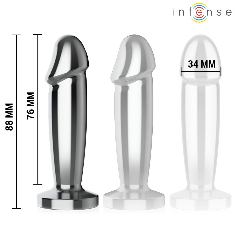 Polished metal anal plug with tapered tip and flared base, 88mm length, 34mm diameter.