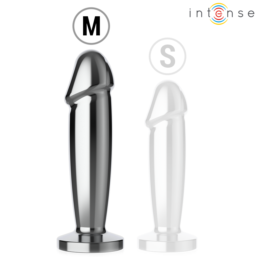 Metallic silver anal plug with smooth curved tip and flat base, size medium labeled "M".