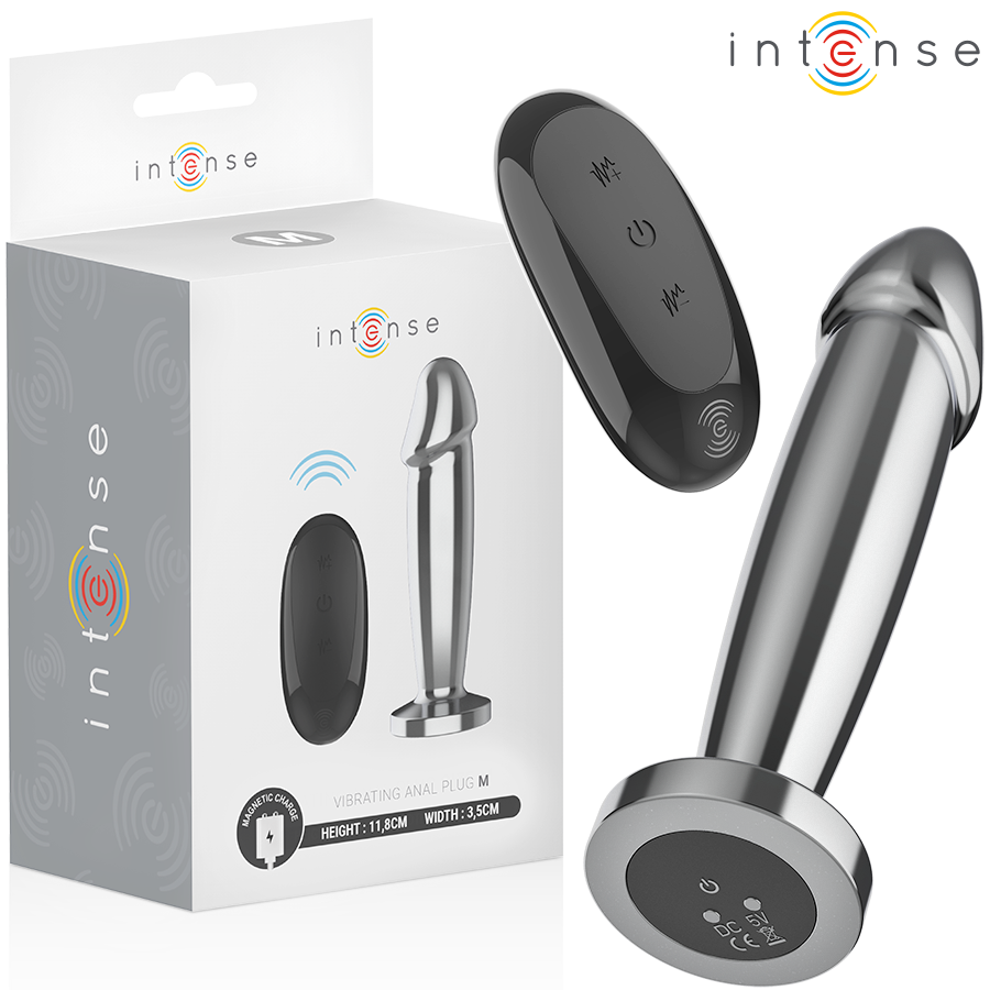 Polished metal anal plug with curved tip and black remote control beside white packaging box.