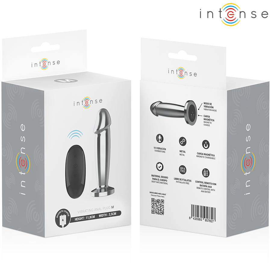 Metal anal plug with curved tip and wireless remote control packaging, white and gray box design.