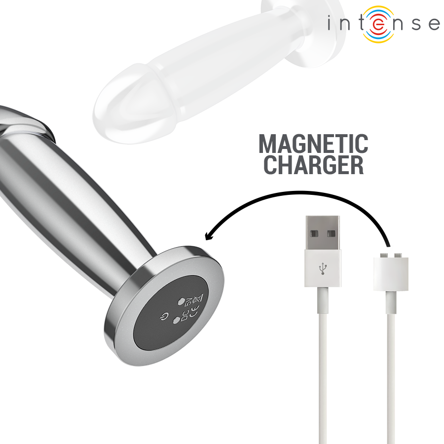Silver metal anal plug with tapered tip and magnetic USB charger port on base.