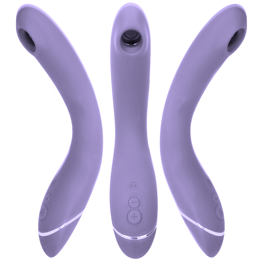 Lilac curved G-spot vibrator with dual control buttons and soft silicone surface.