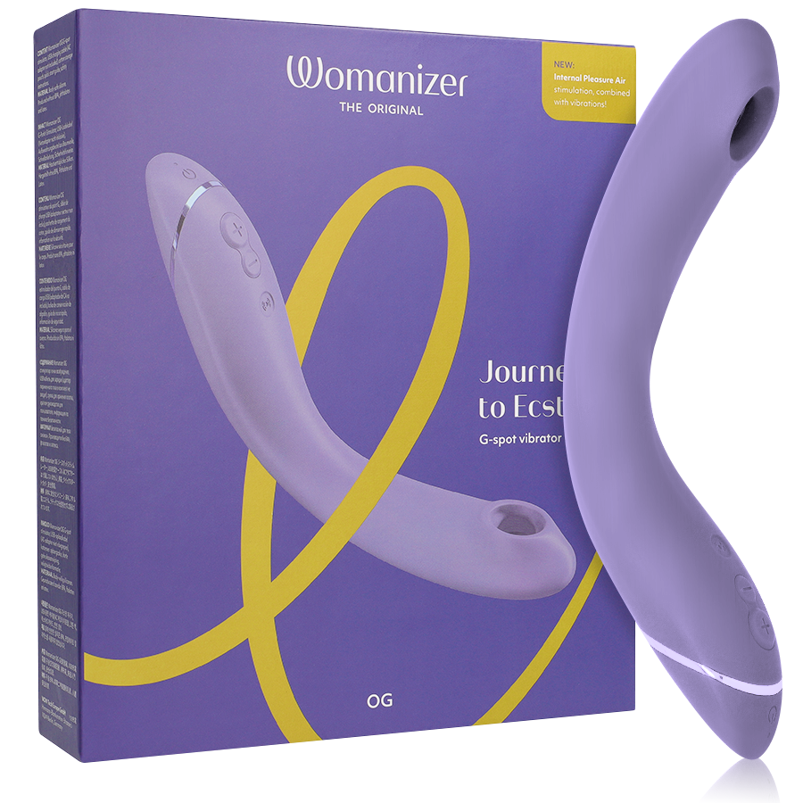Lilac curved G-spot vibrator with ergonomic design and control buttons, beside purple Womanizer OG packaging.