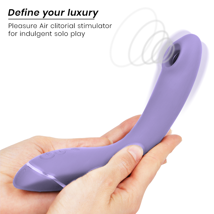 Lilac curved G-spot stimulator with ergonomic handle and air pulse technology design.