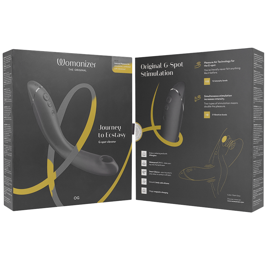 Black ergonomic G-spot stimulator with curved design, displayed on black and gold-accented packaging.