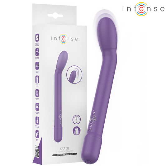 Purple curved G-spot stimulator with smooth matte finish and tapered tip next to white packaging box.