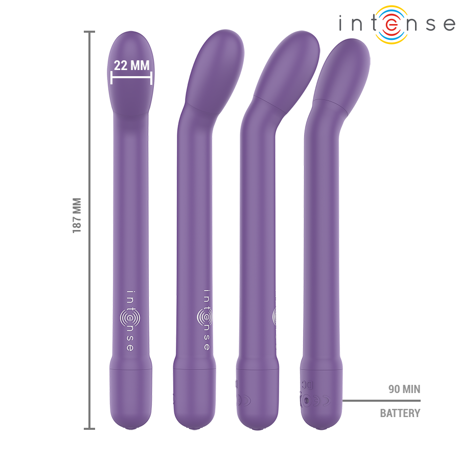 Purple sleek rechargeable G-spot stimulator with curved tip and ergonomic design, 22mm diameter, 187mm length.